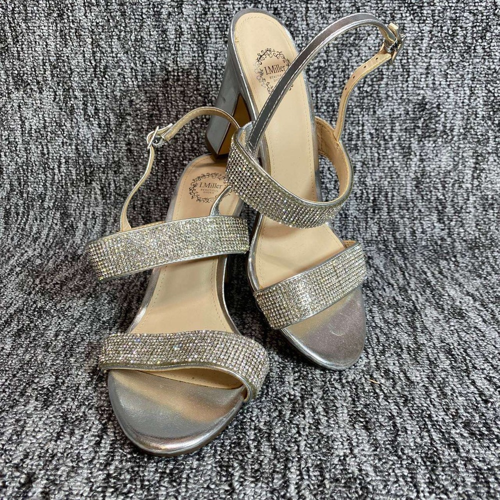 I Miller Sandals Womens‎ 6.5 Silver Rhinestone Chunky Heel Strappy Y2K Evening